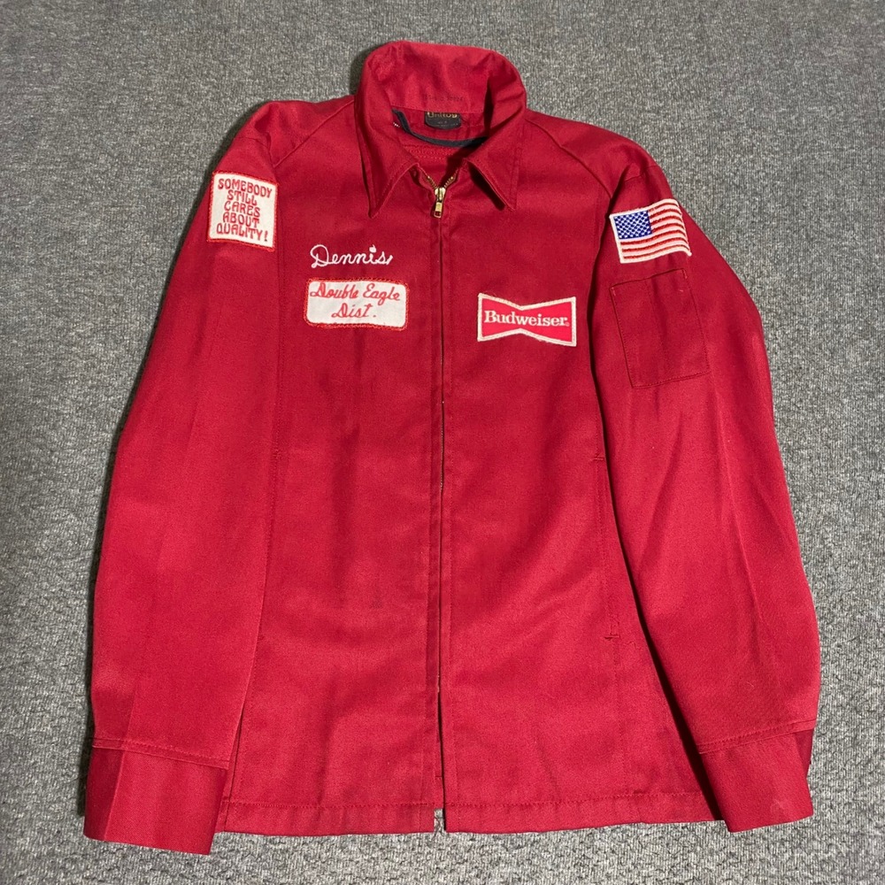 Vintage Budweiser Unitog Work Jacket Red Double Eagle Dist Patch Men Large 40R
